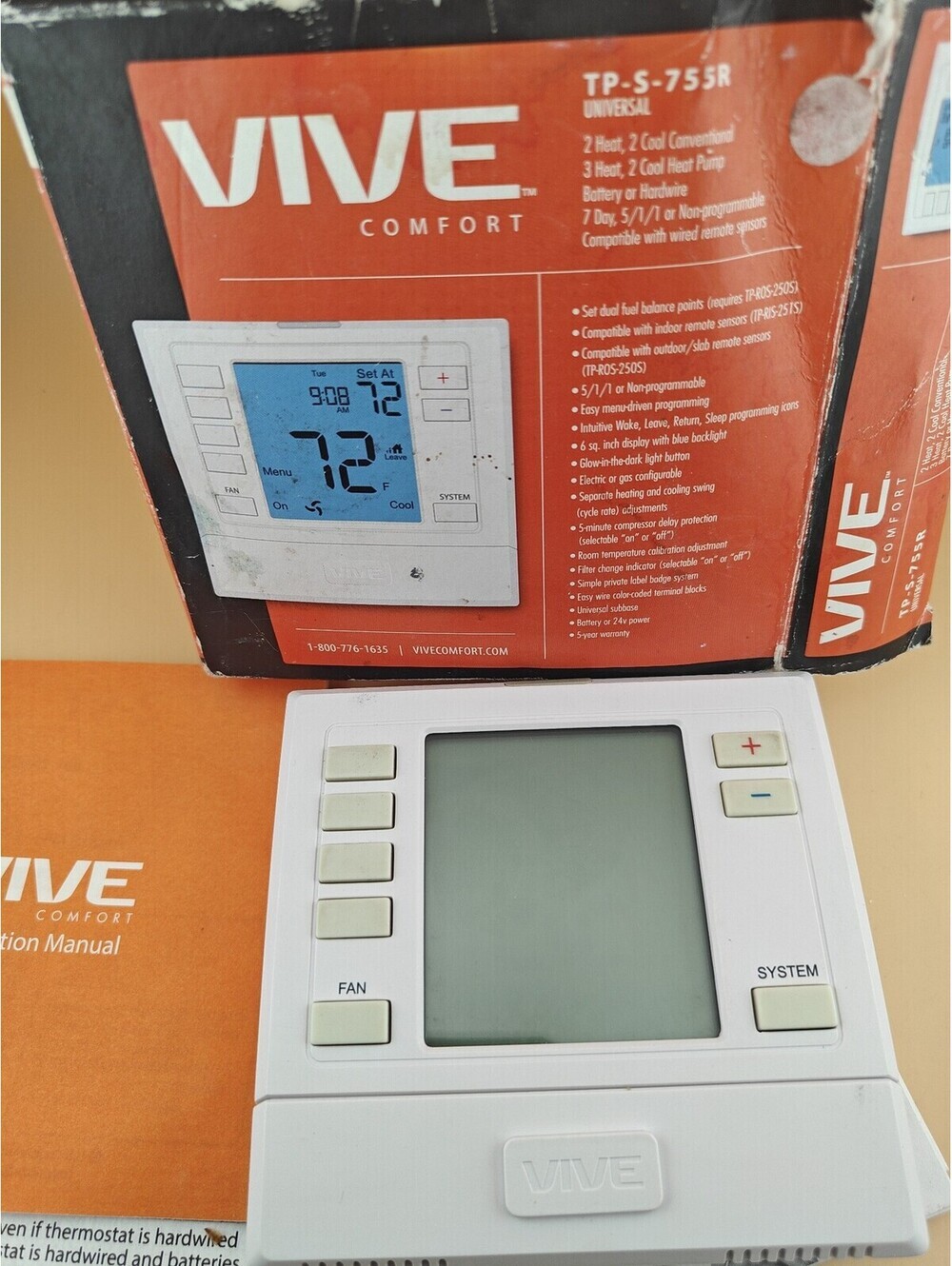 Vive Comfort TP-S-755R Universal 3H/2C Remote Sensor HVAC Thermostat